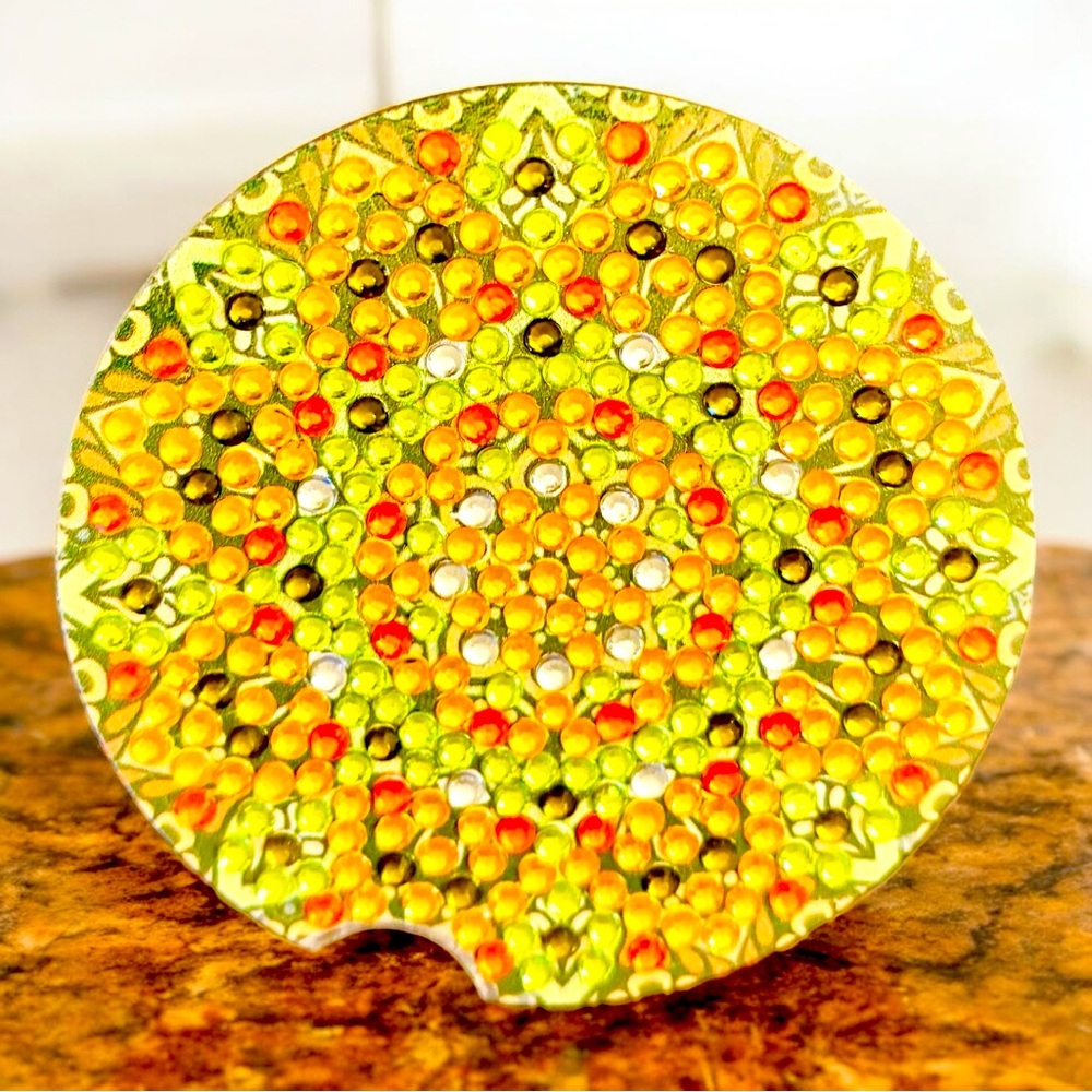 Colorful Car Coaster Hand Crafted & Sealed Diamond Art Cork Backing 2.8” Round